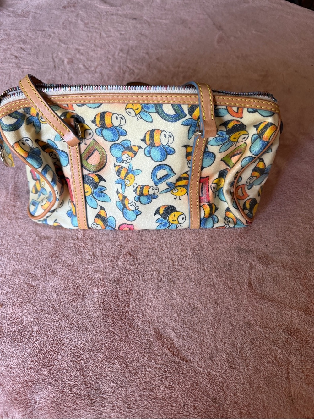 Dooney & Bourke Cream Bee Print Satchel with Blue and Yellow Accents